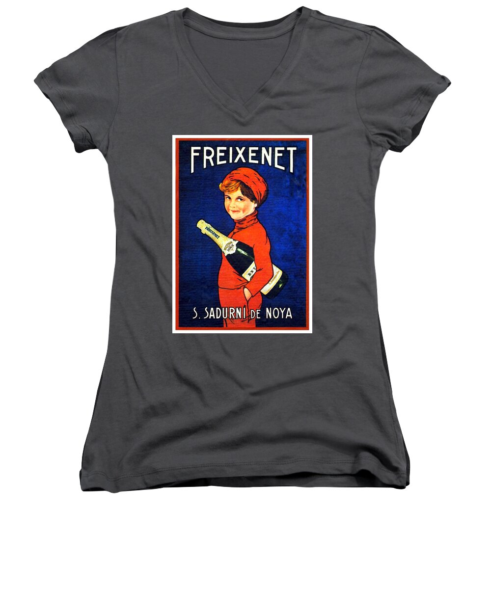 Freixenet Women's V-Neck featuring the digital art 1920 - Freixenet Wines - Advertisement Poster - Color by John Madison