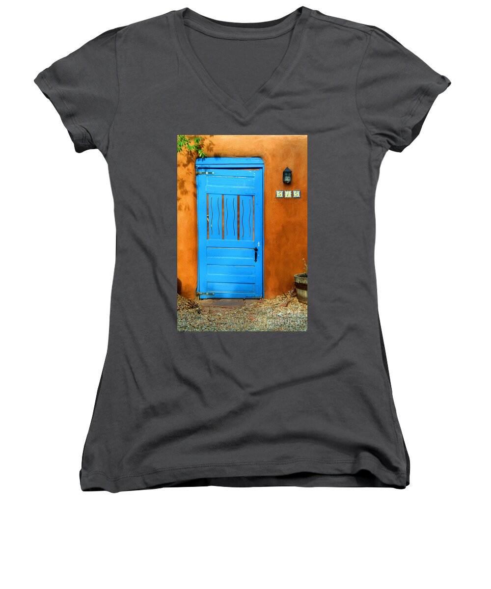 Blue Women's V-Neck featuring the photograph Blue Door in Santa Fe by Charlene Mitchell