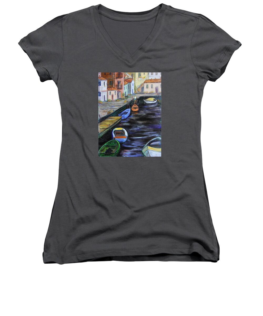 Village Women's V-Neck featuring the painting Boats in front of the Buildings III by Xueling Zou