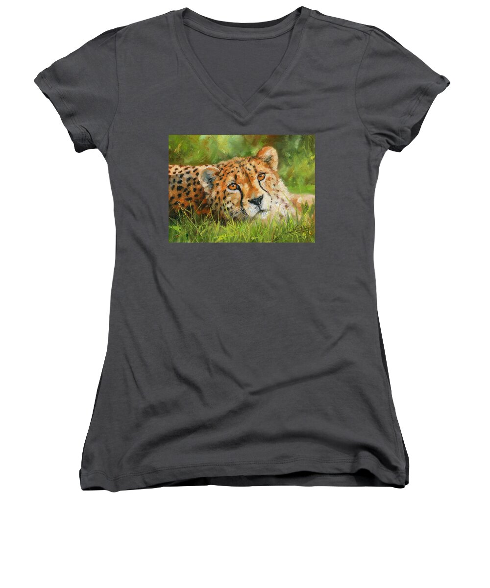 Cheetah Women's V-Neck featuring the painting Cheetah #3 by David Stribbling