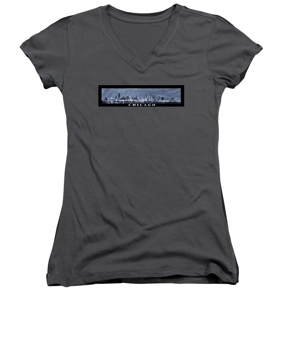 Chicago Skyline Women's V-Neck featuring the photograph Chicago Skyline at Night #1 by Sebastian Musial