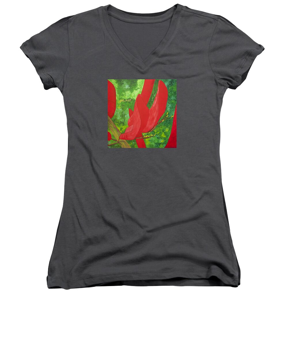 Pollen Women's V-Neck featuring the painting Coral Bean Tree #1 by Mark Robbins