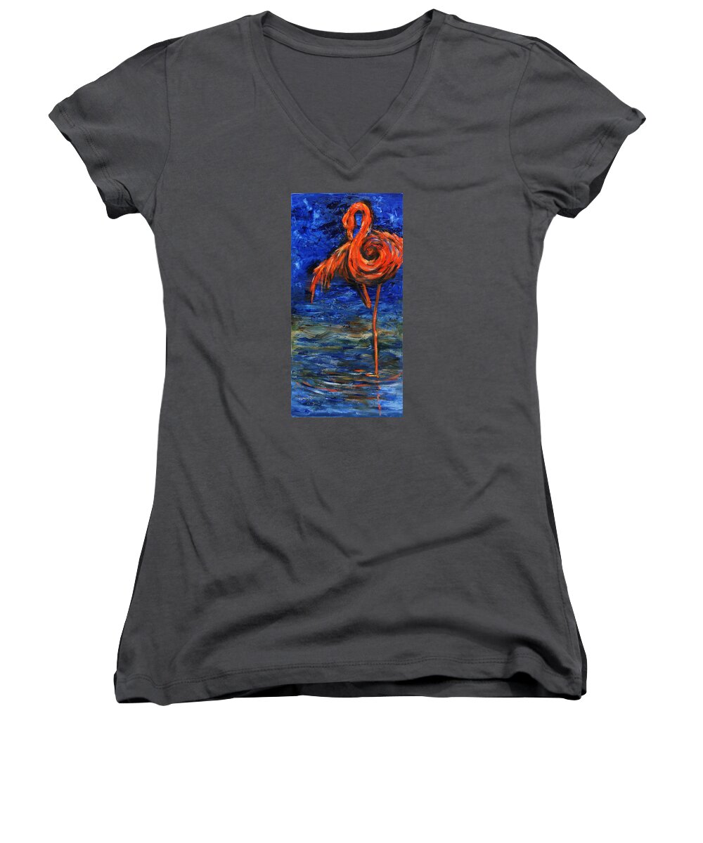 Flamingos Women's V-Neck featuring the painting Flamingo by Xueling Zou