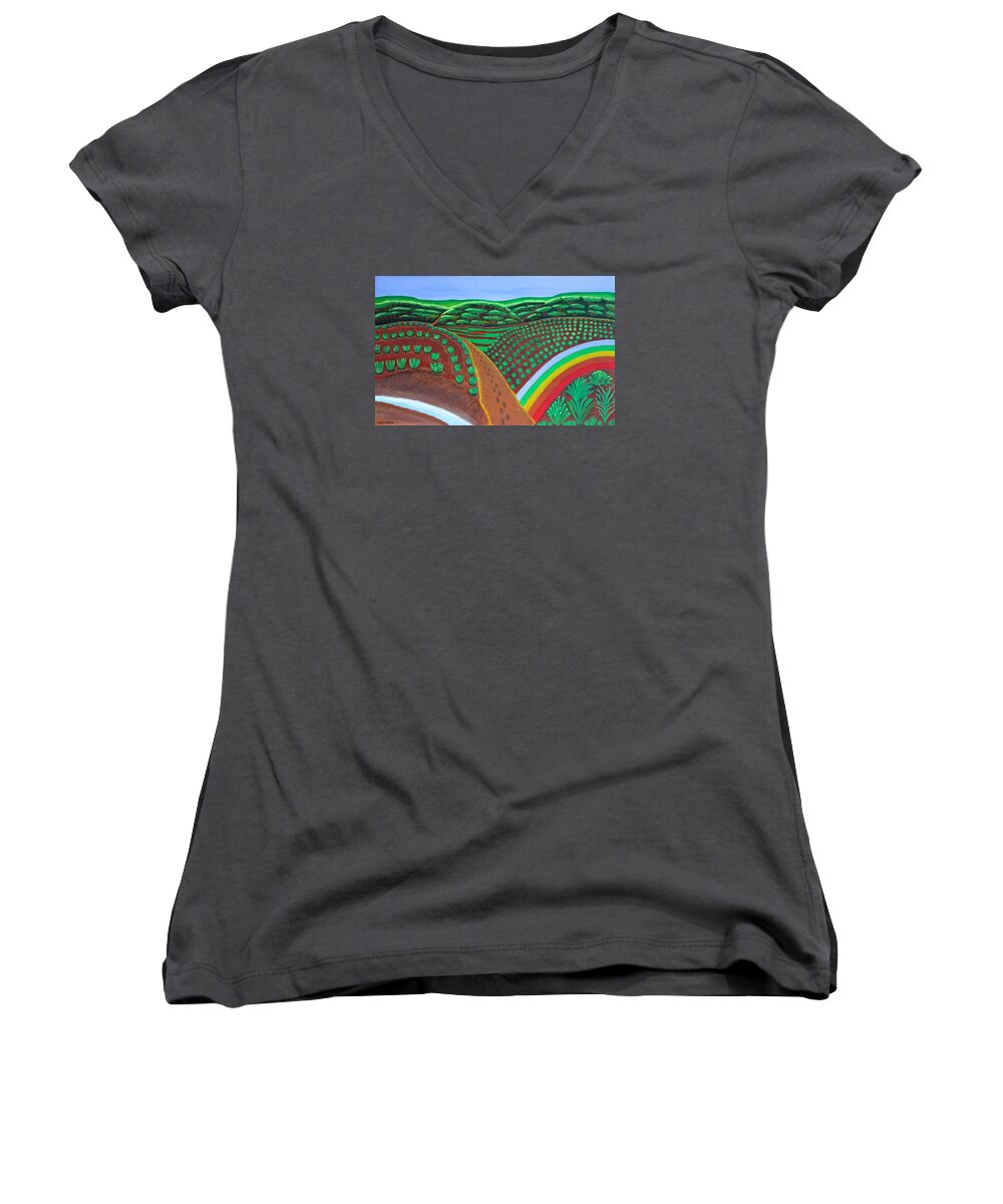 All Products Women's V-Neck featuring the painting Hidden Forest by Lorna Maza