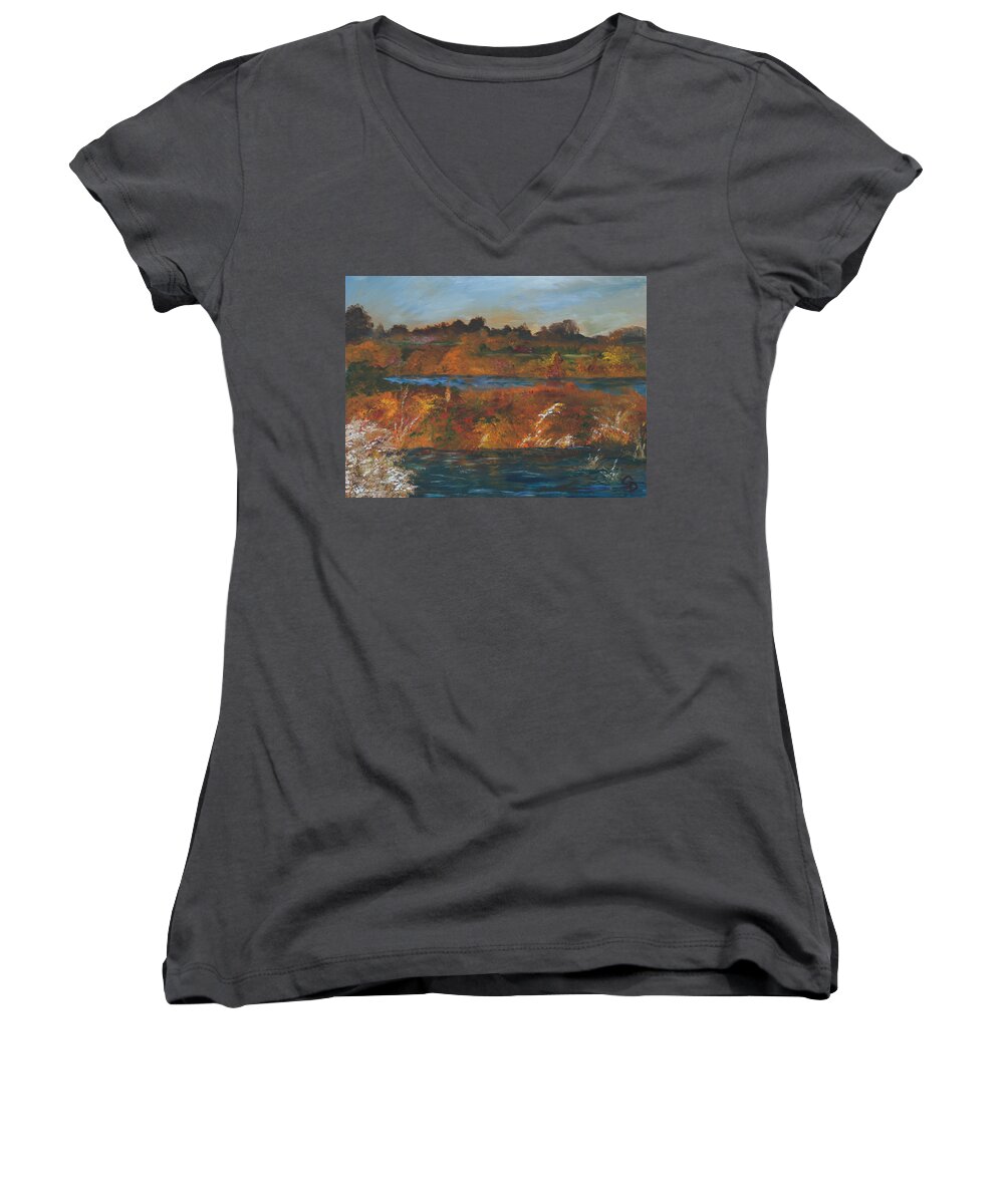 Gail Daley Women's V-Neck featuring the painting Mendota Slough by Gail Daley
