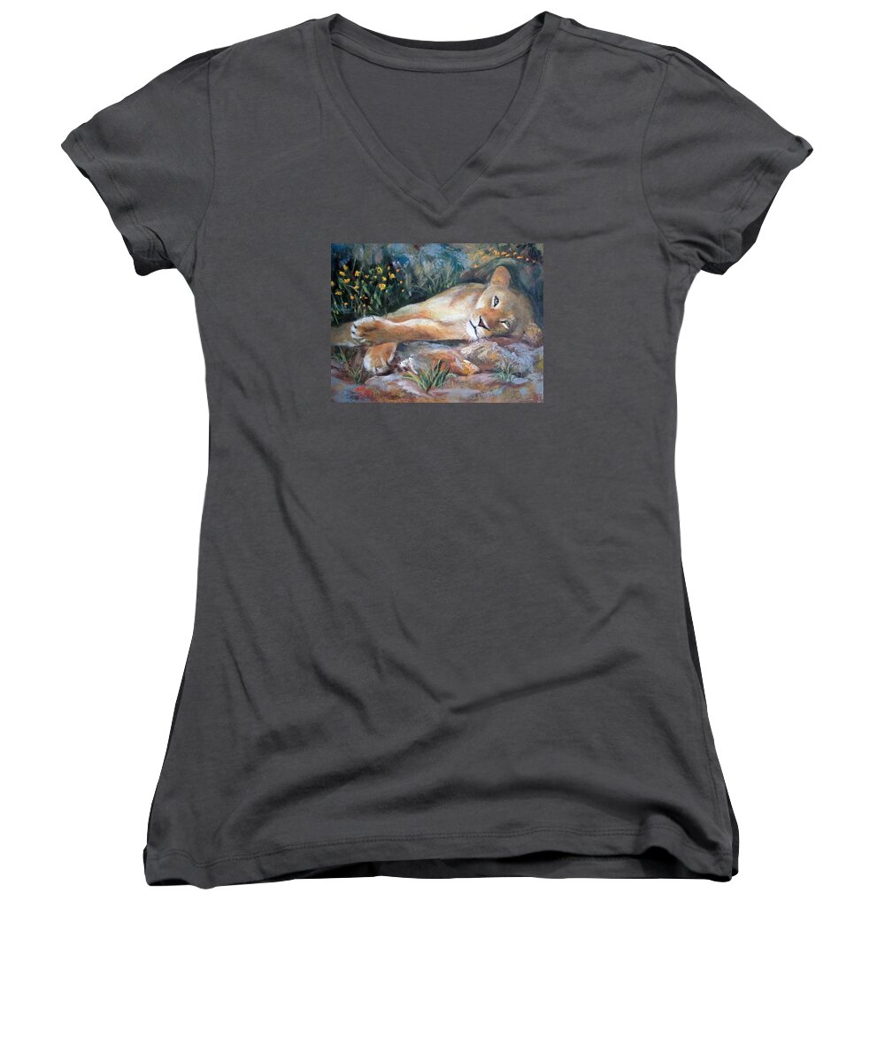 Sleep Lion Women's V-Neck featuring the painting Sleep Lion by Jieming Wang