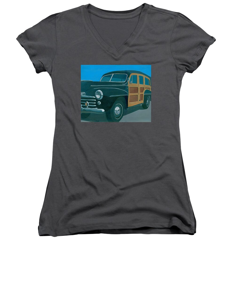 48 Woody Women's V-Neck featuring the painting 48 Ford Woody by Gerry High