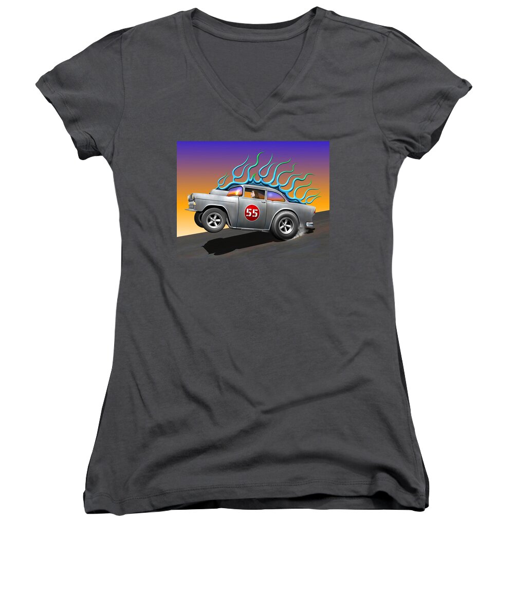 Car Women's V-Neck featuring the digital art '55 Chevy #55 by Stuart Swartz