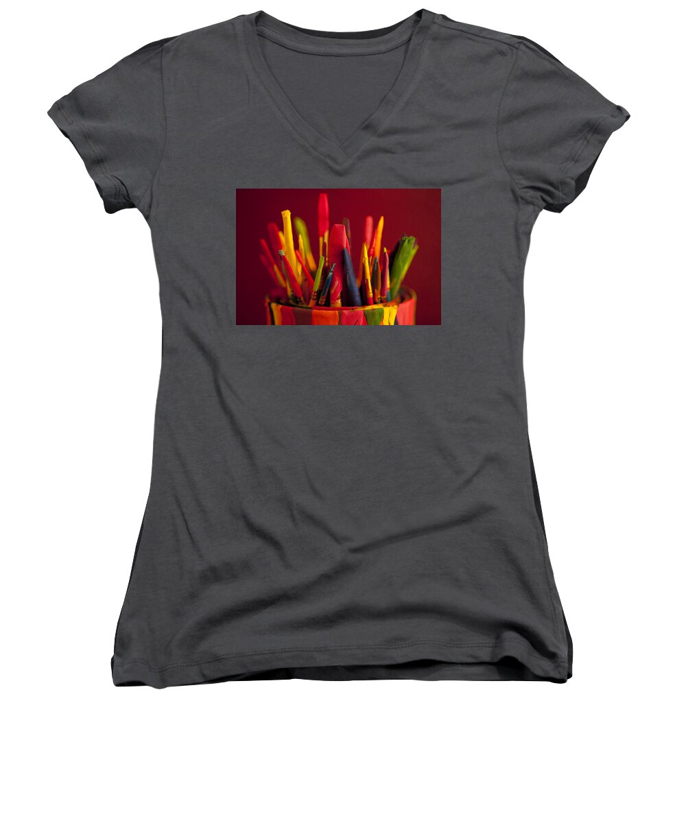 Art Women's V-Neck featuring the photograph Multi colored paint brushes #6 by Jim Corwin