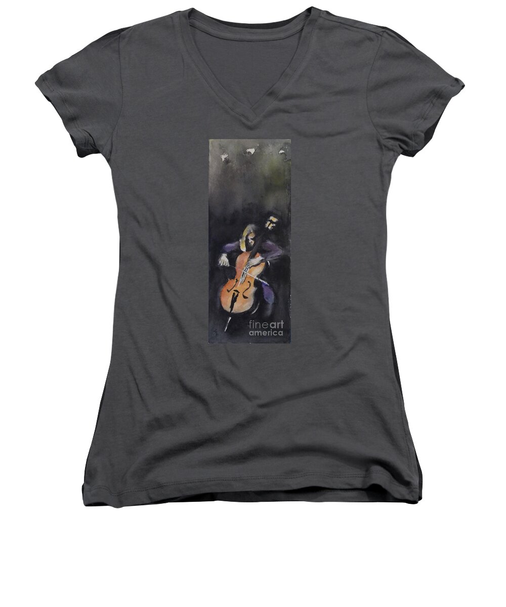 Music Women's V-Neck featuring the painting A Cellist by Yoshiko Mishina