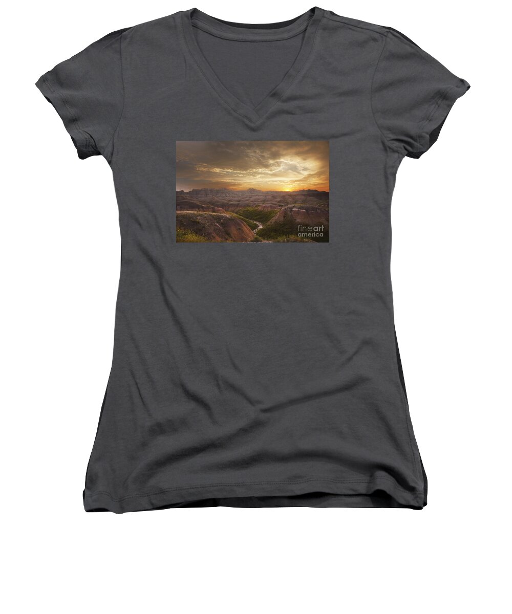 Badlands Women's V-Neck featuring the photograph A Good Sunrise in the Badlands by Steve Triplett