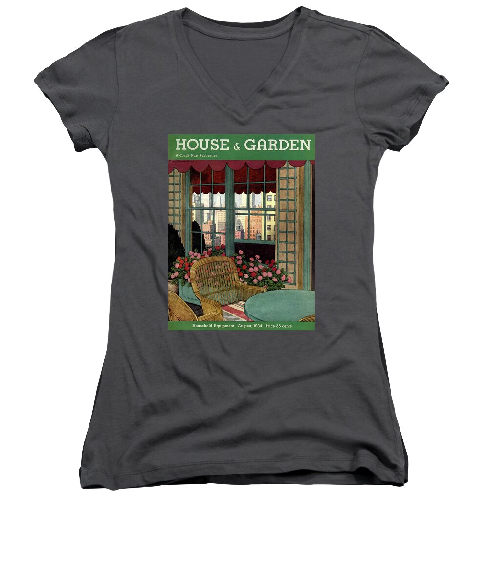 Illustration Women's V-Neck featuring the photograph A House And Garden Cover Of A Wicker Chair by Pierre Brissaud
