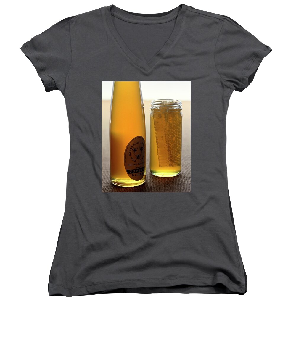 Condiment Women's V-Neck featuring the photograph A Jar And Bottle Of Honey by Romulo Yanes