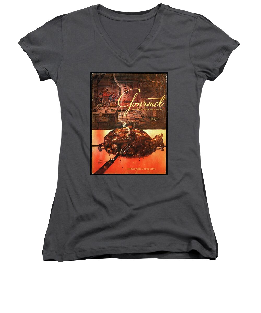 Illustration Women's V-Neck featuring the photograph A Leg Of Lamb On A Spit Beneath An Etching by Henry Stahlhut