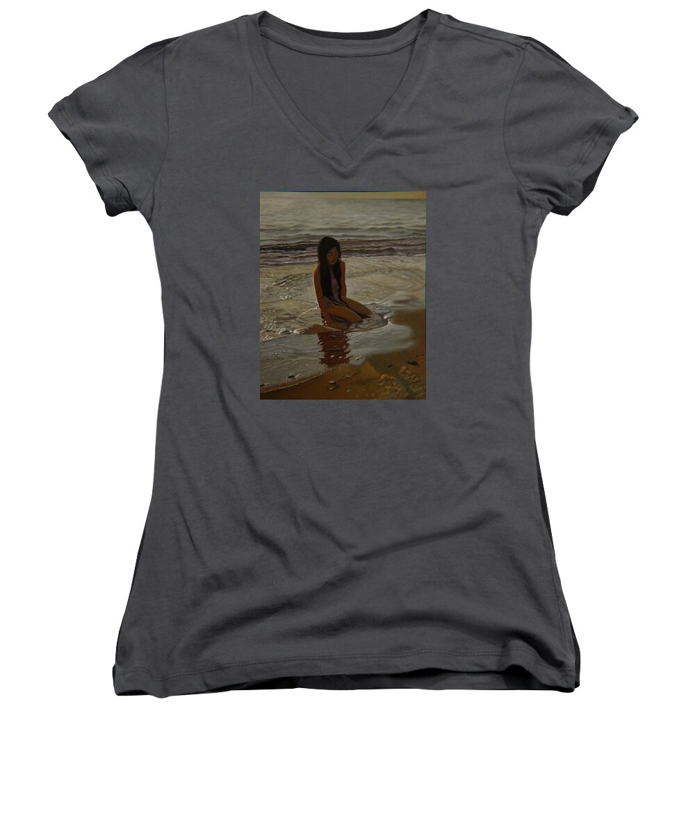 Children Paintings Women's V-Neck featuring the painting A line between ocean and sand by Thu Nguyen