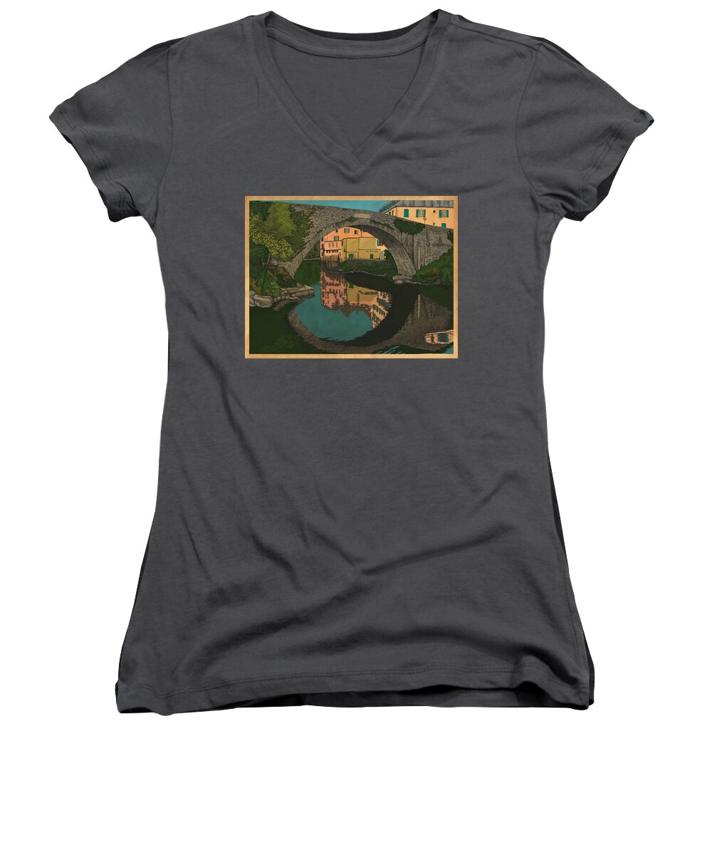 River Bridge Architecture Women's V-Neck featuring the drawing A River by Meg Shearer