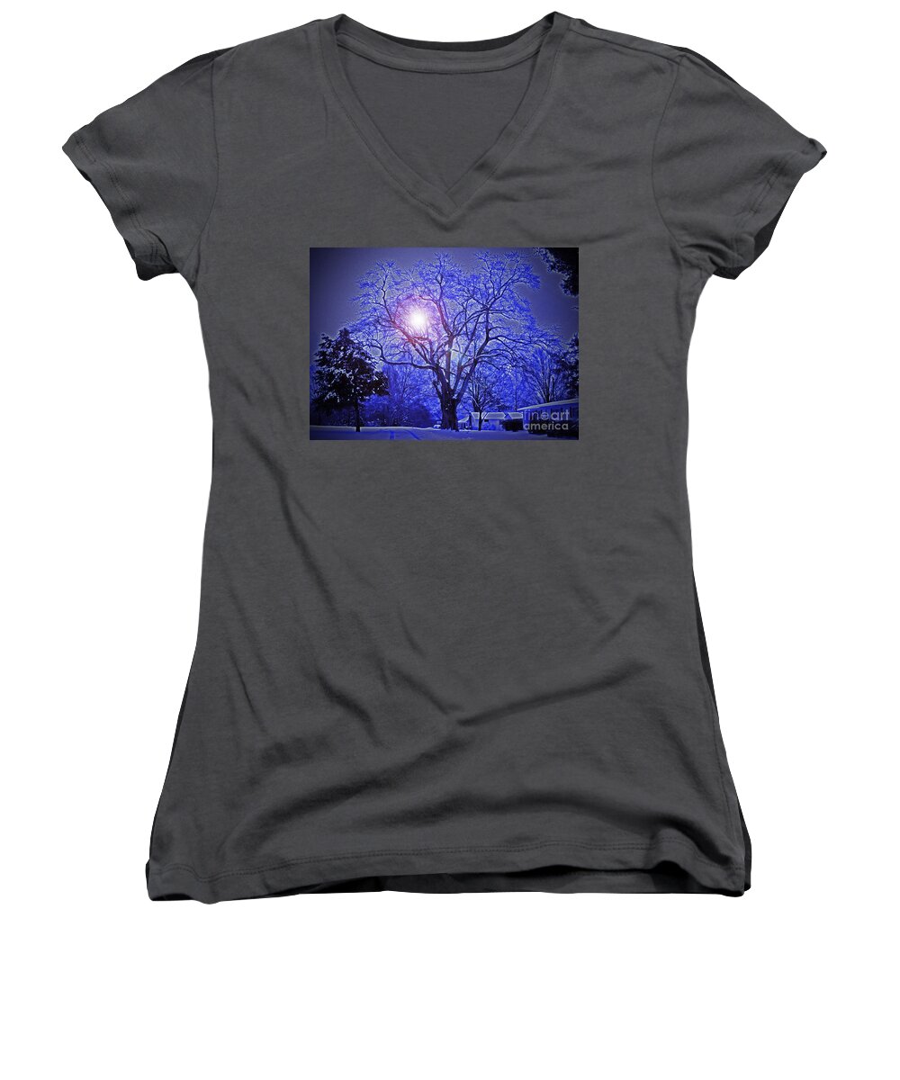 A Snow Glow Evening Women's V-Neck featuring the photograph A Snow Glow Evening by Lydia Holly