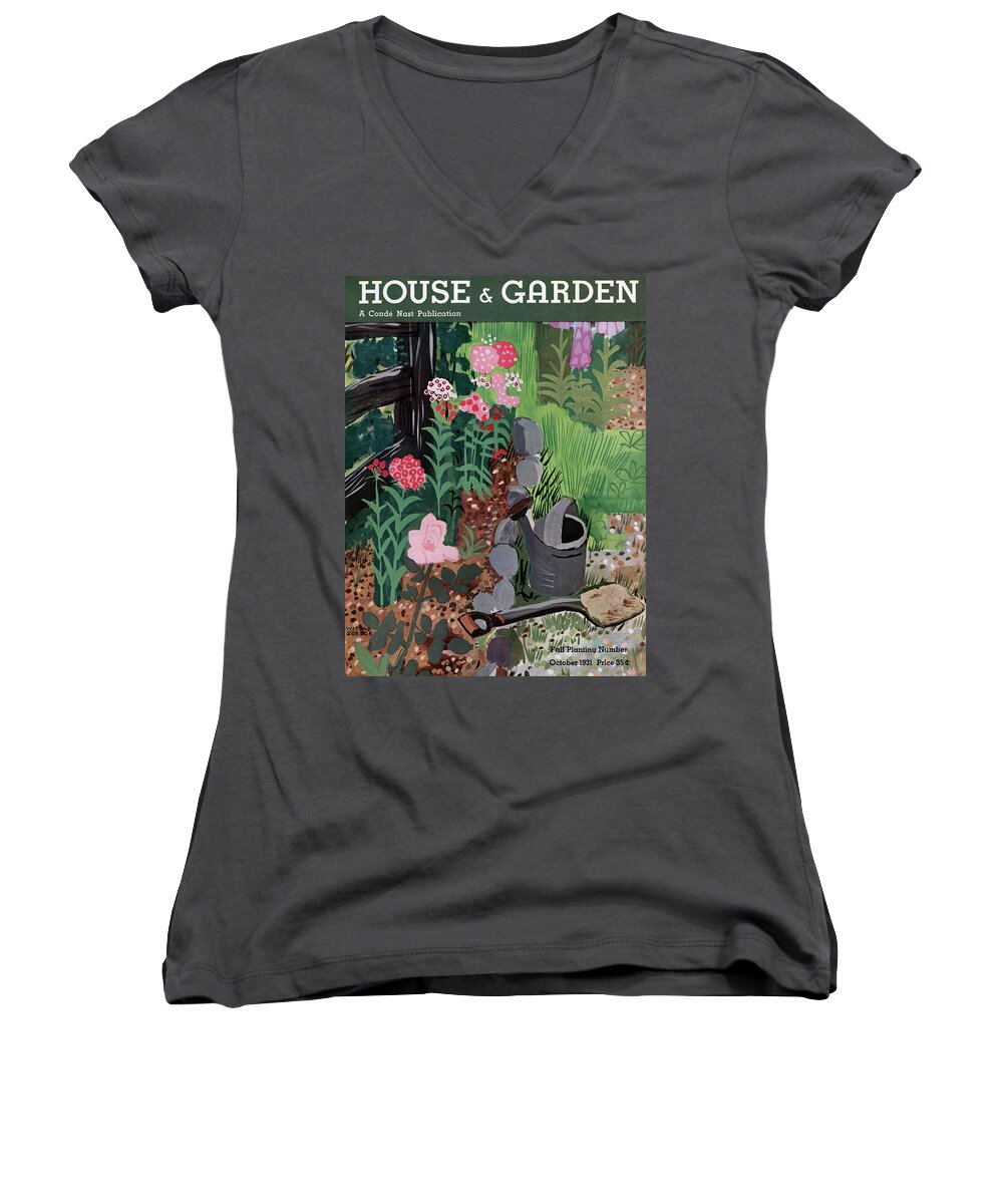 House And Garden Women's V-Neck featuring the photograph A Watering Can And A Shovel By A Flower Bed by Witold Gordon