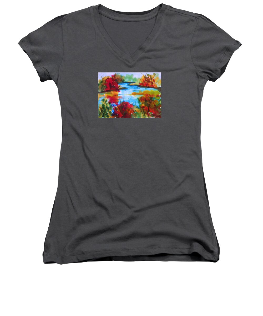 Autumn Women's V-Neck featuring the painting Abstract - Autumn Blaze on Catskill Creek by Ellen Levinson