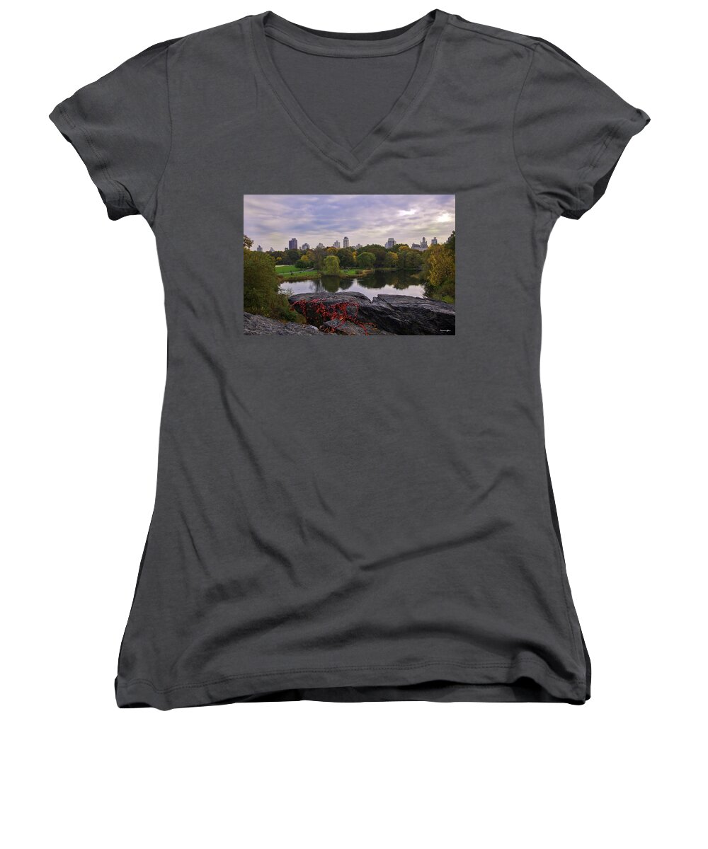 Central Park Women's V-Neck featuring the photograph Across the Pond 2 - Central Park, NYC by Madeline Ellis