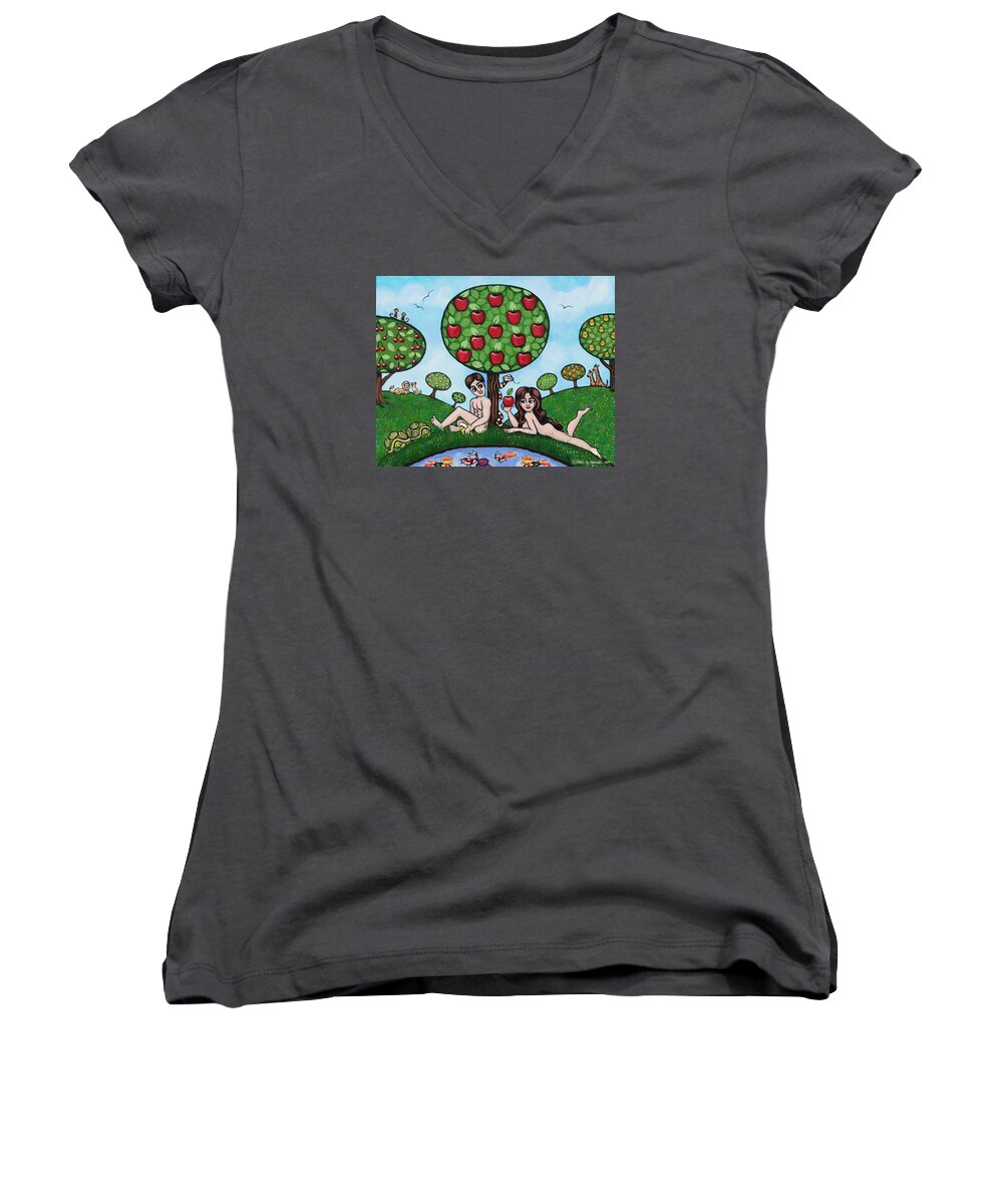 Adam And Eve Women's V-Neck featuring the painting Adam and Eve The Naked Truth by Victoria De Almeida