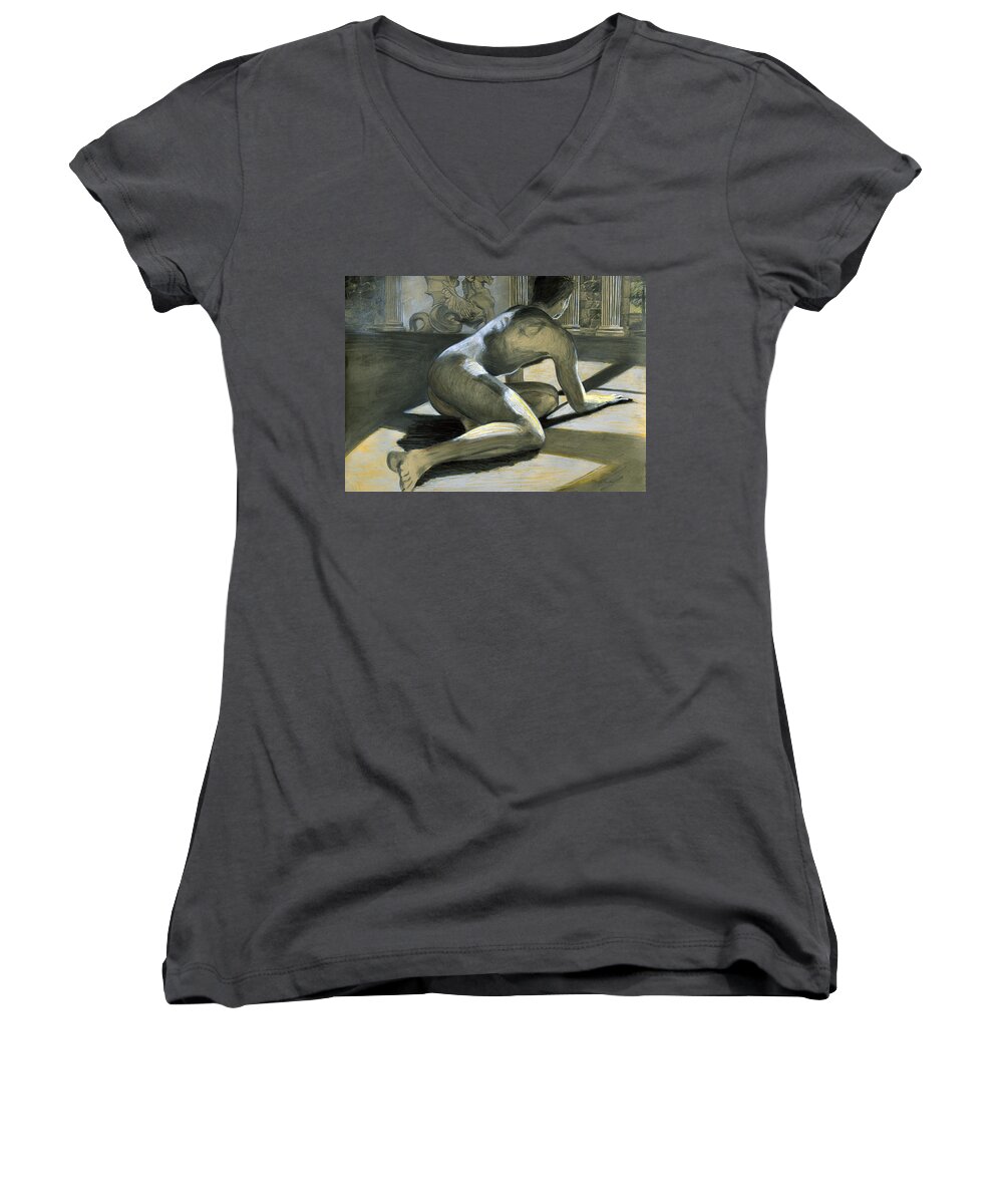 Nude Boy Women's V-Neck featuring the painting Admitting Our Falls by Rene Capone