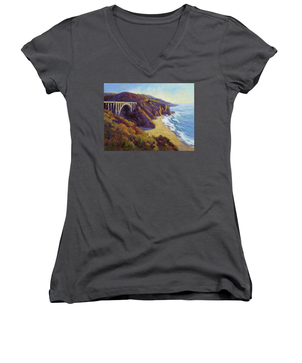 Big Sur Women's V-Neck featuring the painting Afternoon Glow 3 by Konnie Kim