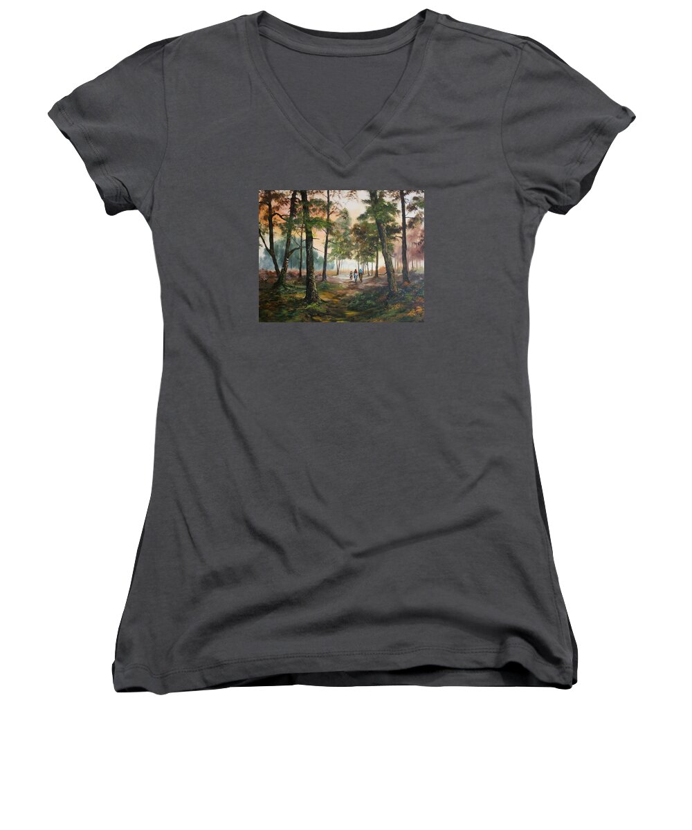 Cannock Chase Women's V-Neck featuring the painting Afternoon Ride Through The Forest by Jean Walker