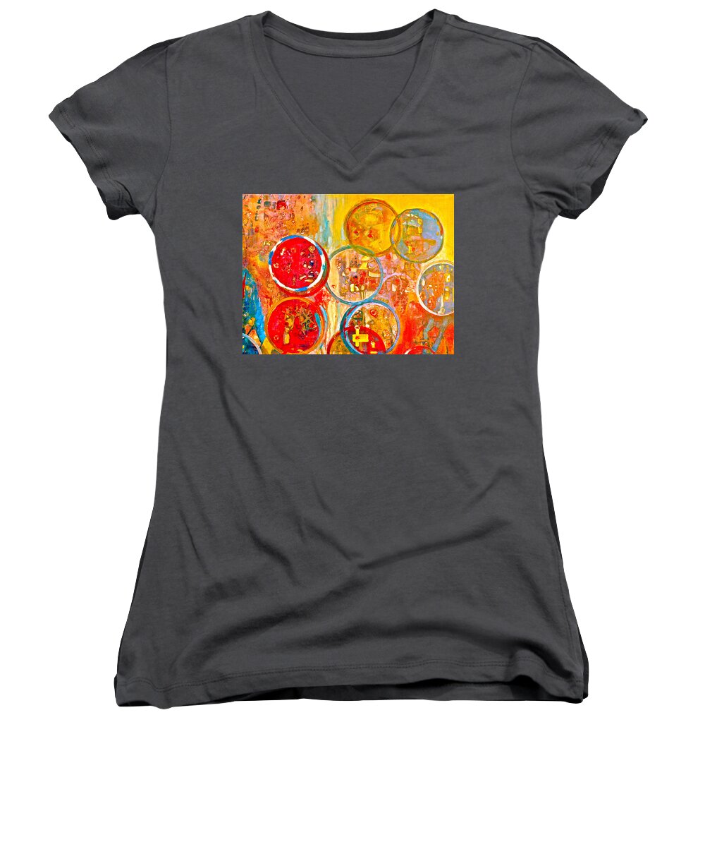 Abstract Women's V-Neck featuring the painting Against The Rain Abstract Orange by Anna Ruzsan