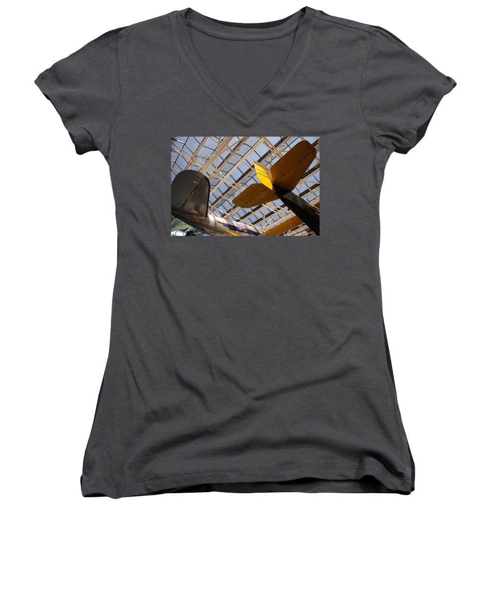 Planes Women's V-Neck featuring the photograph Airplane Rudders by Kenny Glover
