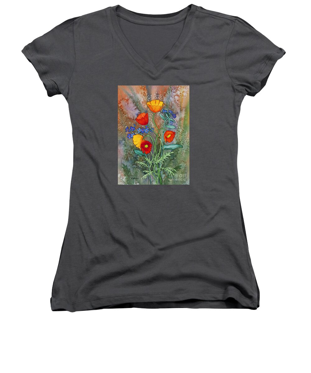 Alaska Poppies And Forget Me Nots Women's V-Neck featuring the painting Alaska Poppies and Forgetmenots by Teresa Ascone