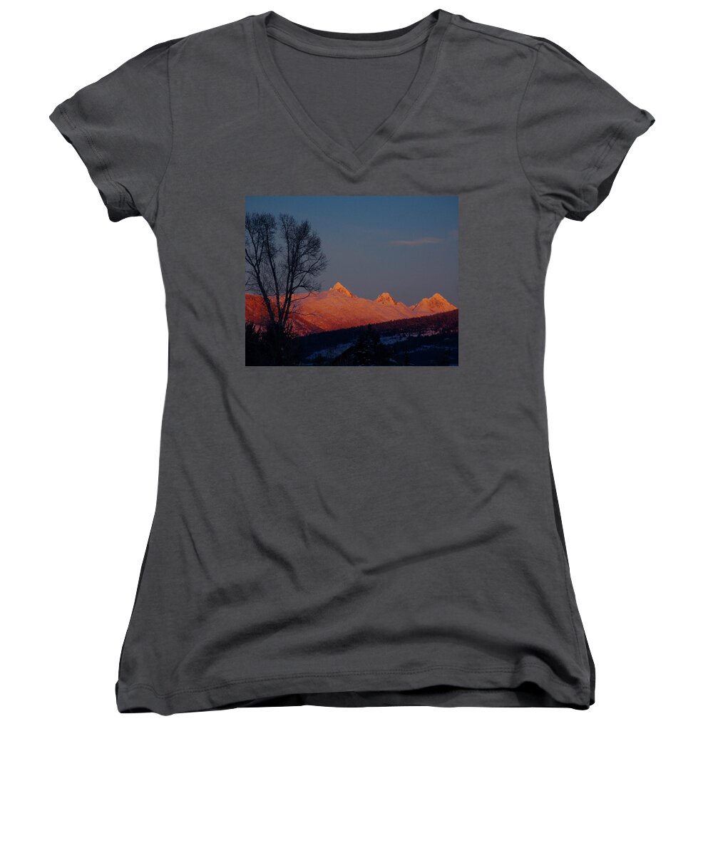 Alpenglow Women's V-Neck featuring the photograph Alpenglow by Raymond Salani III