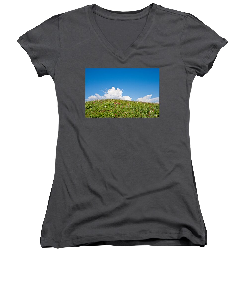 Alpine Women's V-Neck featuring the photograph Alpine Meadow and Cloud Formation by Jeff Goulden