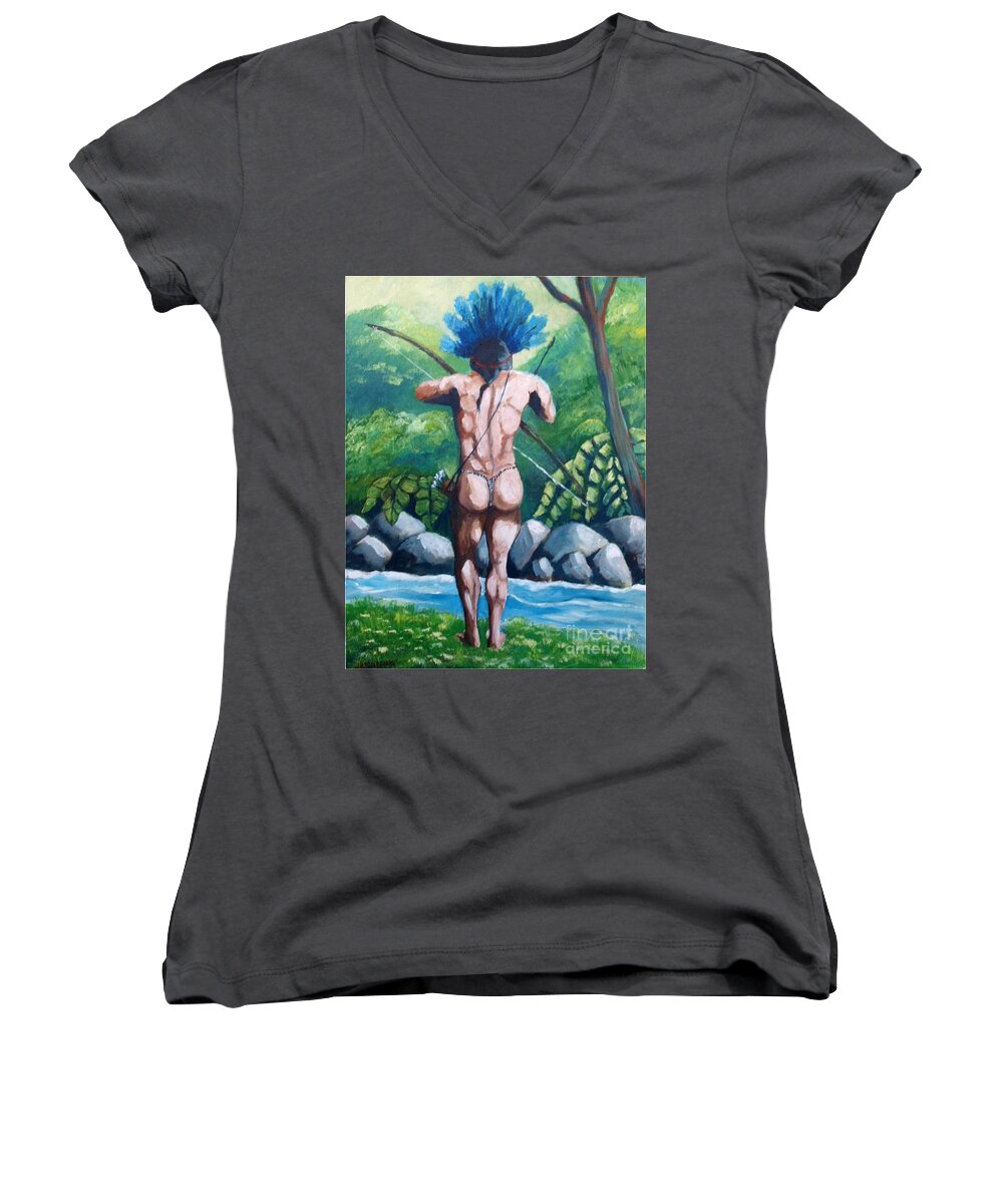 Native Women's V-Neck featuring the painting Amazon native by Jean Pierre Bergoeing
