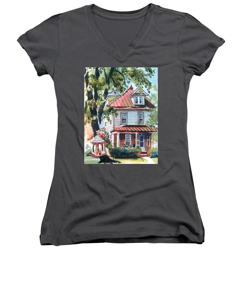 American Home With Children's Gazebo Women's V-Neck featuring the painting American Home with Children's Gazebo by Kip DeVore