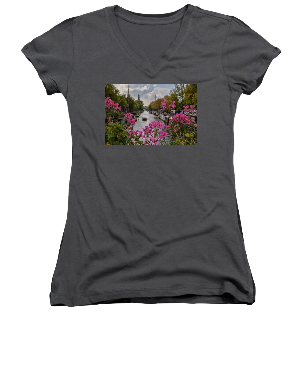 Prinzengracht Women's V-Neck featuring the photograph Amsterdam by Shirley Radabaugh