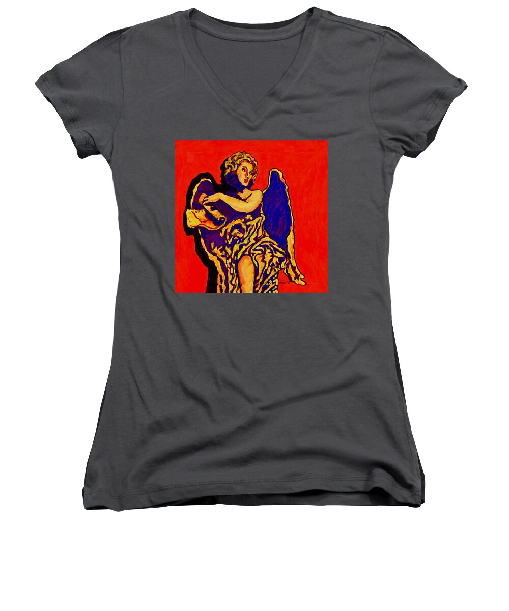 Angel Women's V-Neck featuring the painting Angel on Red by Dale Moses