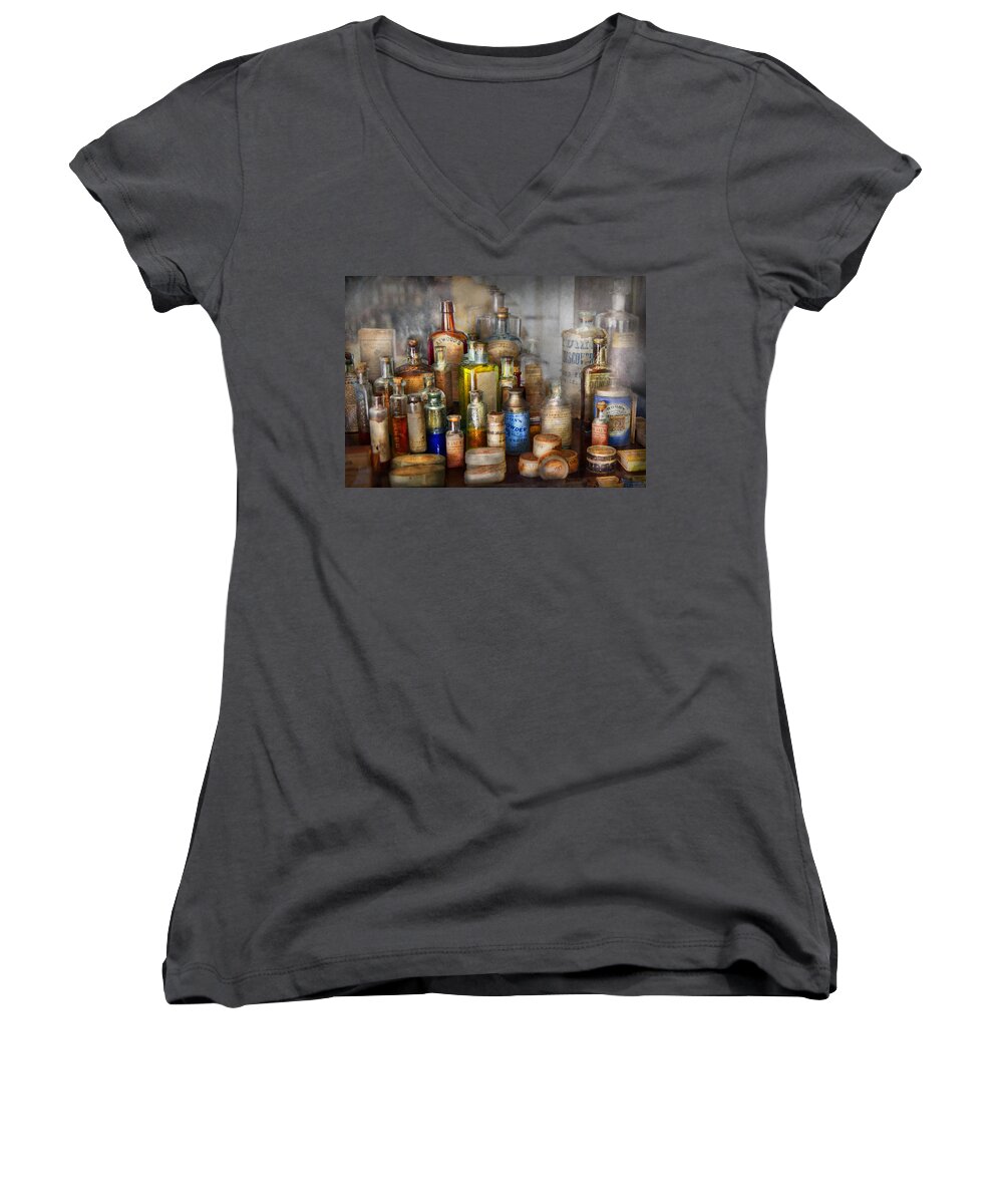 Pharmacy Women's V-Neck featuring the photograph Apothecary - For all your Aches and Pains by Mike Savad
