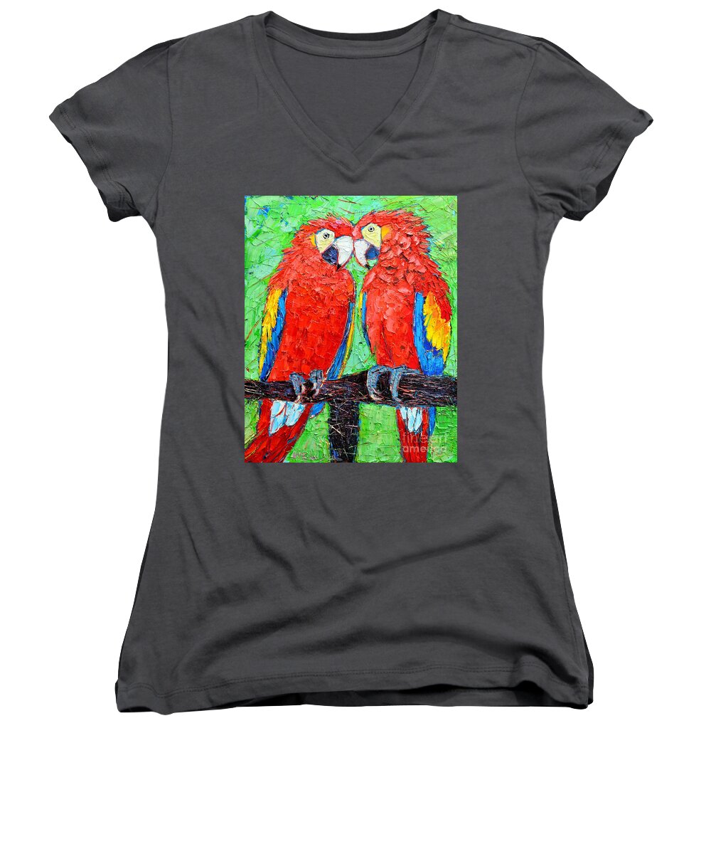 Parrots Women's V-Neck featuring the painting Ara Love A Moment Of Tenderness Between Two Scarlet Macaw Parrots by Ana Maria Edulescu