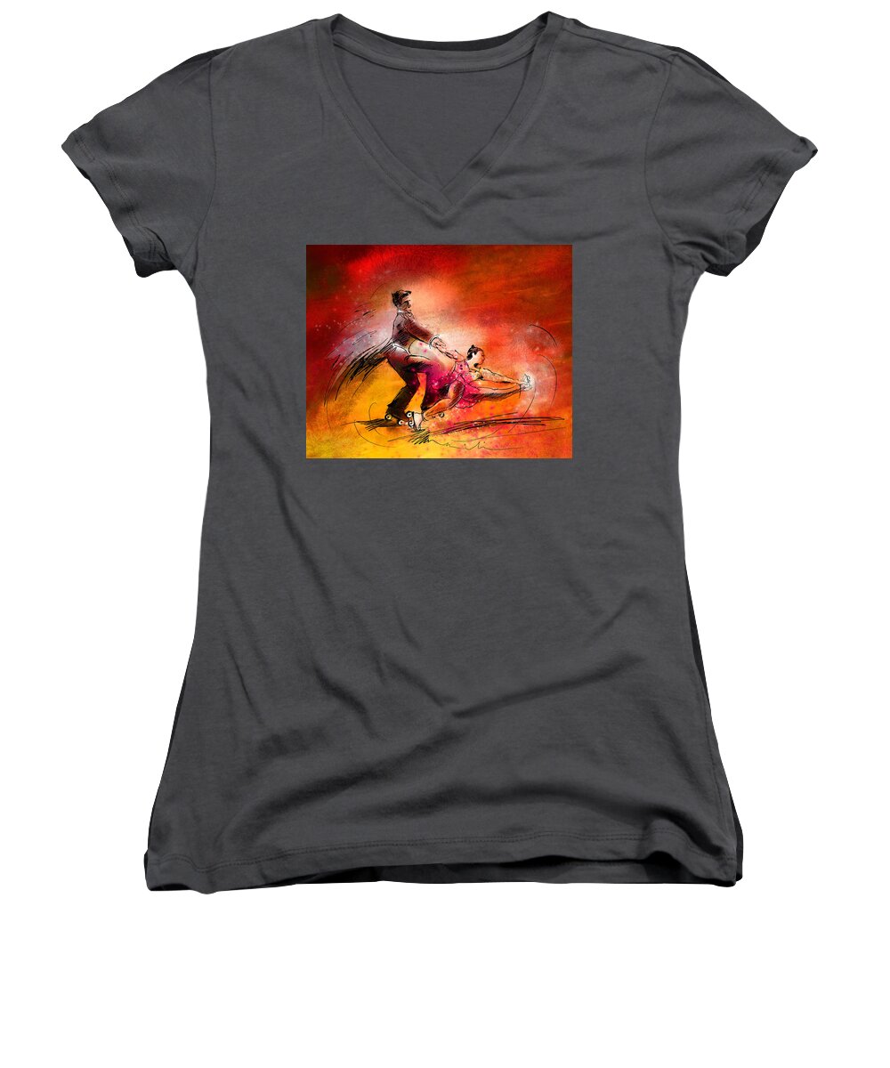 Sports Women's V-Neck featuring the painting Artistic Roller Skating 02 by Miki De Goodaboom