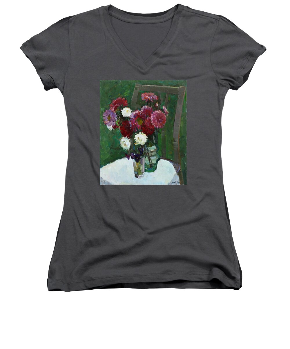 Aster Women's V-Neck featuring the painting Asters in the first frosts by Juliya Zhukova