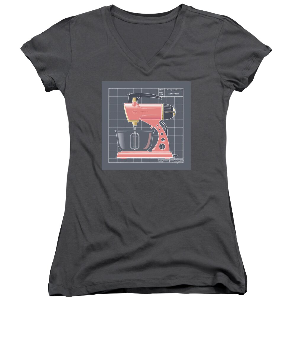 Mid Century Women's V-Neck featuring the drawing AstroMix -flamingo by Larry Hunter