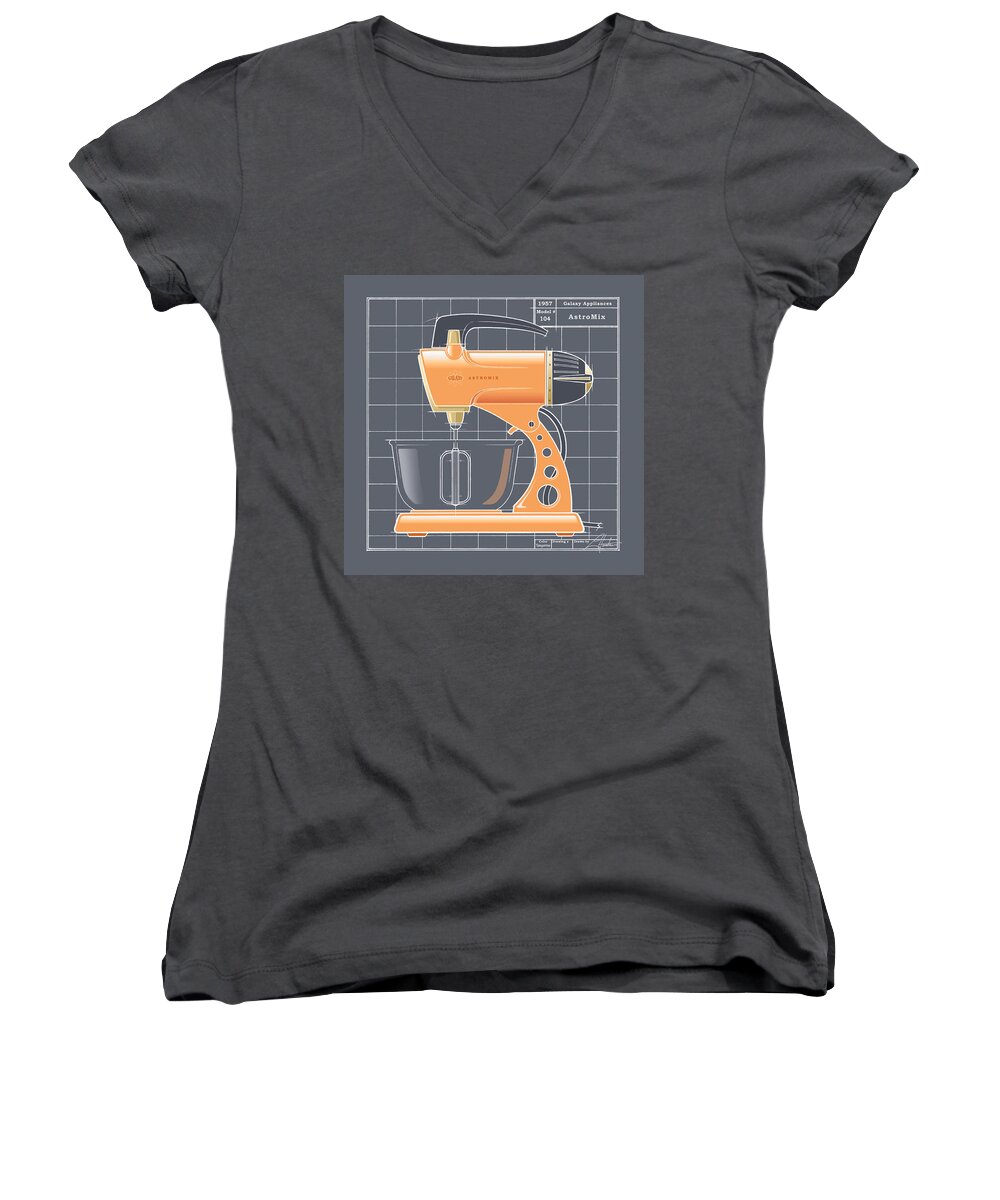 Mid Century Women's V-Neck featuring the drawing AstroMix -tangerine by Larry Hunter