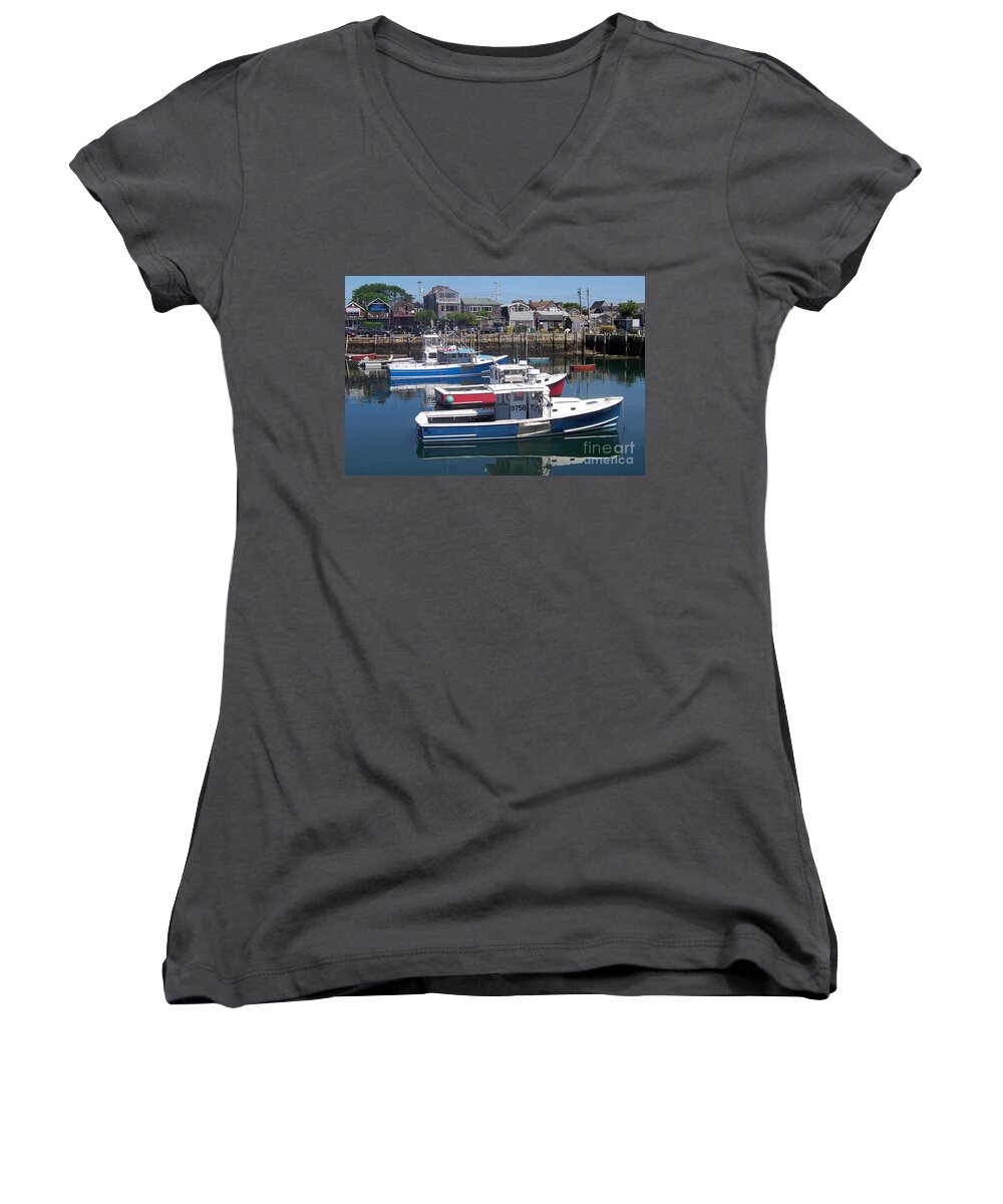 Boats. Boats On The Water Women's V-Neck featuring the photograph Colorful Boats by Eunice Miller