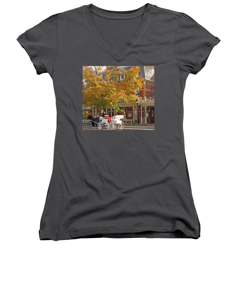 Landscape Women's V-Neck featuring the photograph Autumn Carriage for Hire by Barbara McDevitt