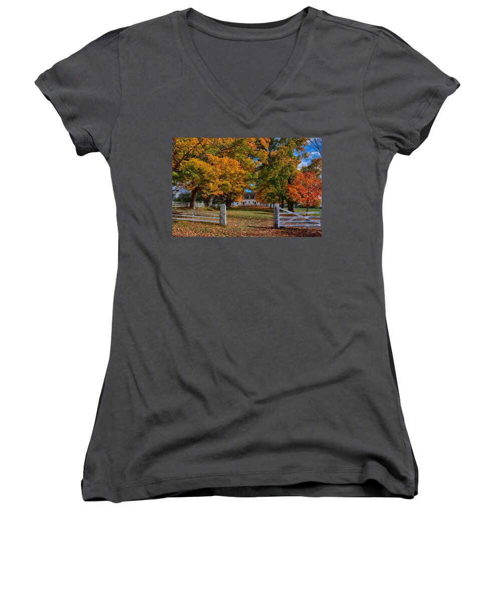Canterbury Shaker Village Women's V-Neck featuring the photograph Autumn colors above meetinghouse by Jeff Folger