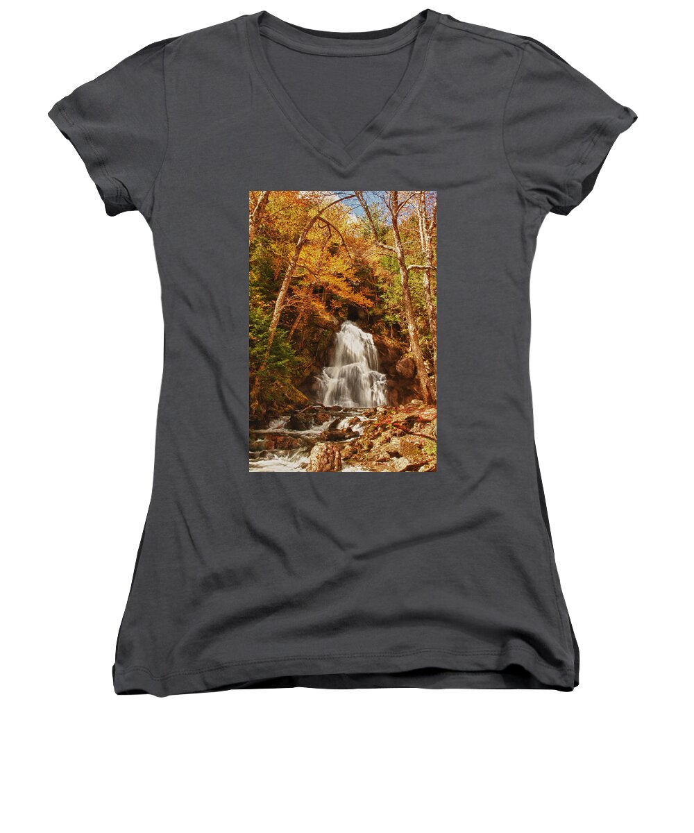 Granville Vermont Women's V-Neck featuring the photograph Autumn colors over Moss Glen Falls by Jeff Folger