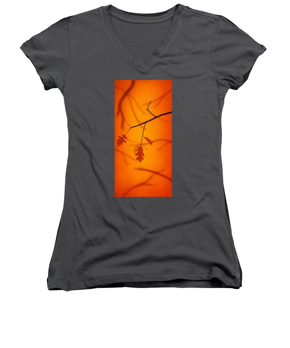 Nature Oak Leaf Branch Orange Red Russet Tree Glow Depth Calm Serene Forest Women's V-Neck featuring the painting Autumn by Guy Pettingell