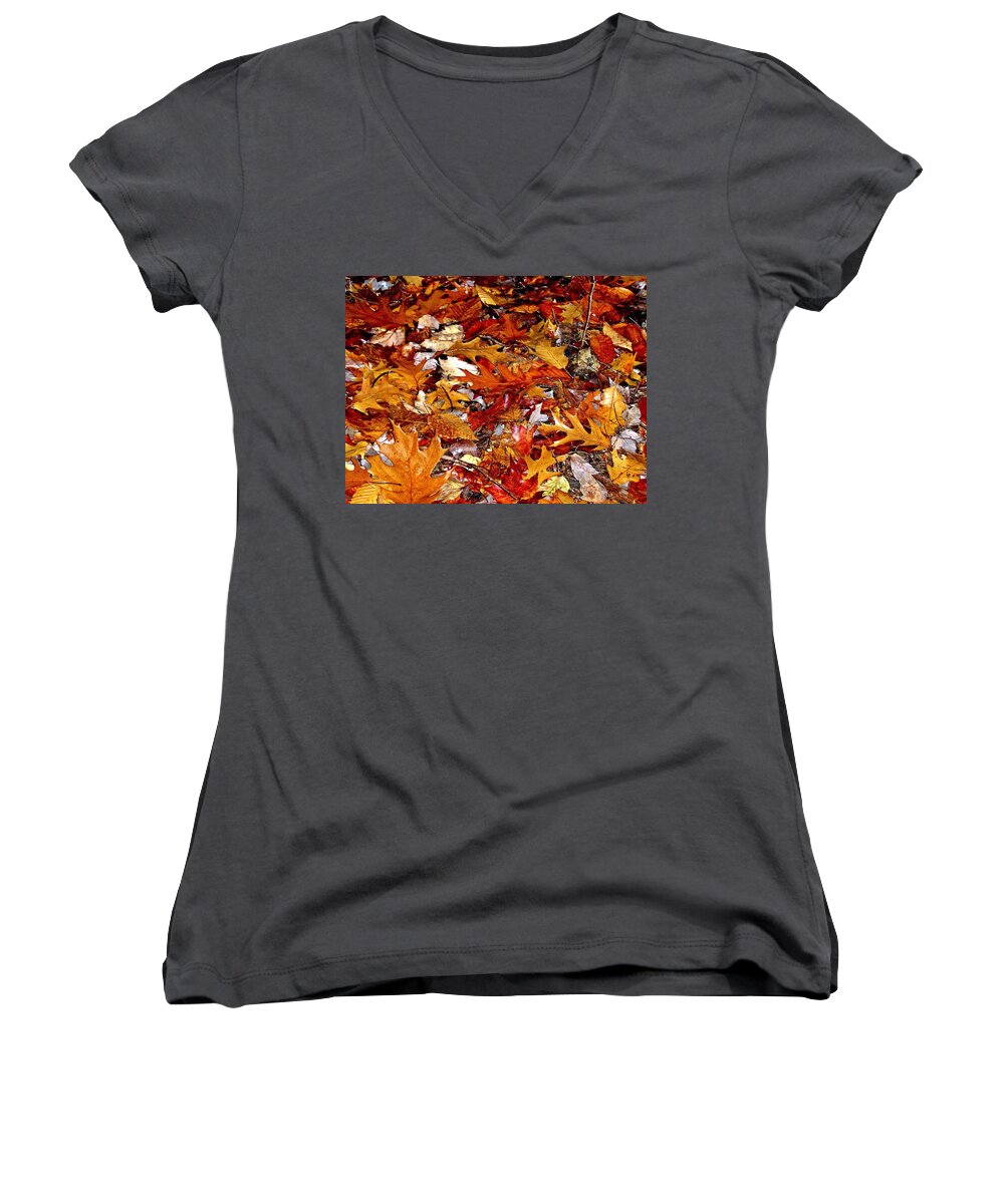 Autumn Women's V-Neck featuring the photograph Autumn Leaves on the Ground in New Hampshire - Bright Colors by Phyllis Meinke