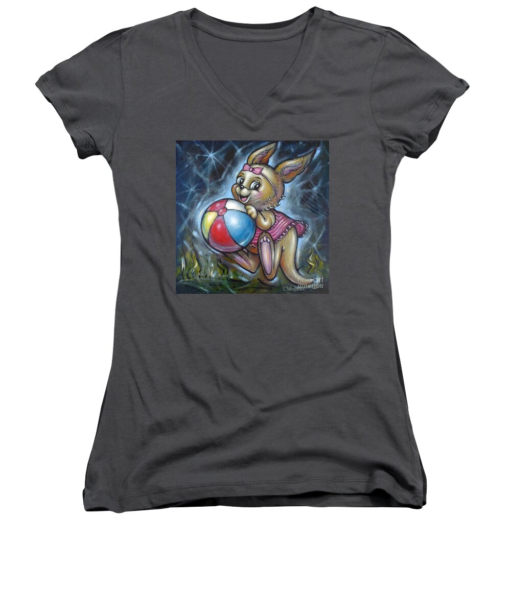 Kangaroo Women's V-Neck featuring the painting Baby Kangaroo 150911 by Selena Boron